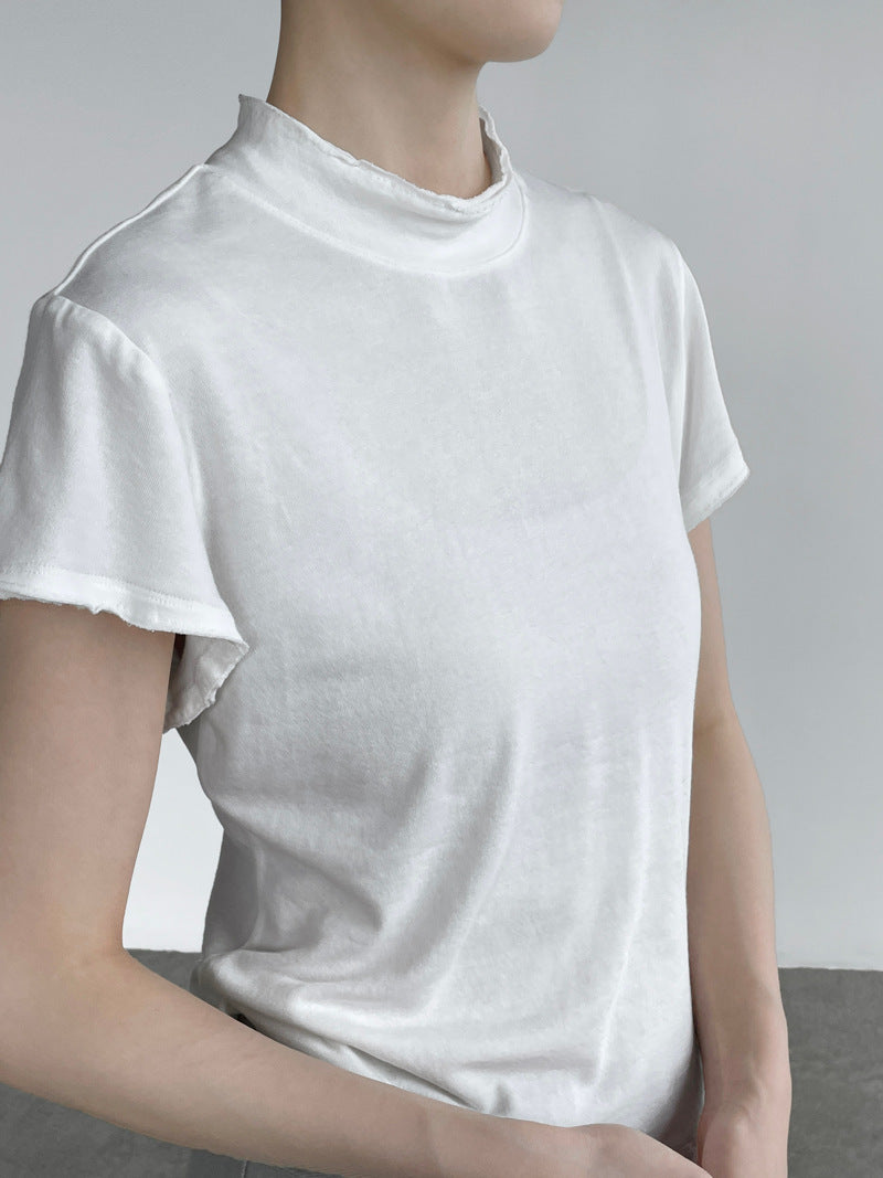 【cimH66207】極簡百搭・正肩半高領毛邊短袖t-shirt 260828