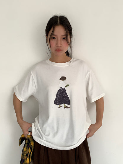 【LD3244】實拍文藝女孩磨毛短袖T恤251006