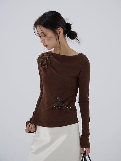 【LD3277】實拍立體花朵長袖一字領T恤251103