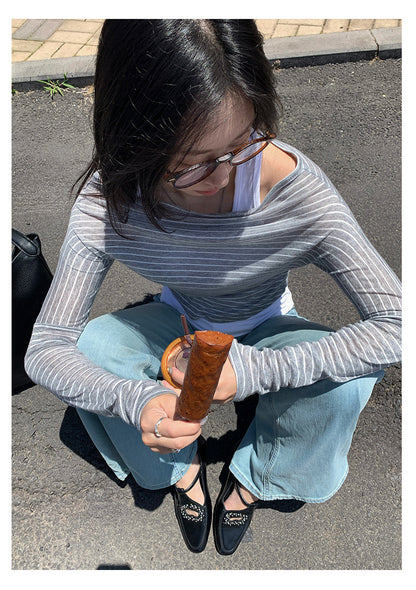 【H5384】實拍韓版條紋一字領長袖上衣 + 吊帶背心 兩件套250902