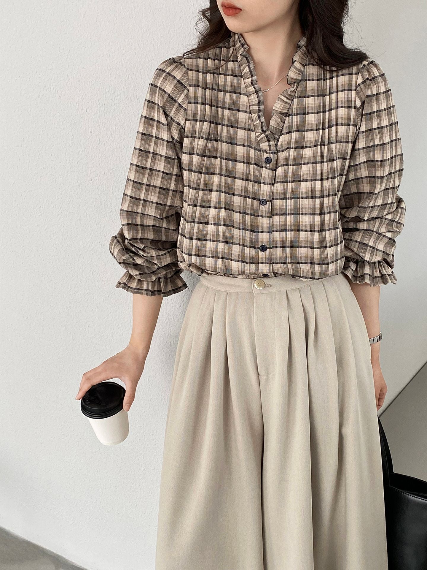 【cimz6509】復古浪漫主義🌹精緻木耳邊格紋長袖襯衫260319