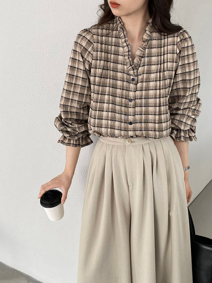 【cimz6509】復古浪漫主義🌹精緻木耳邊格紋長袖襯衫260319