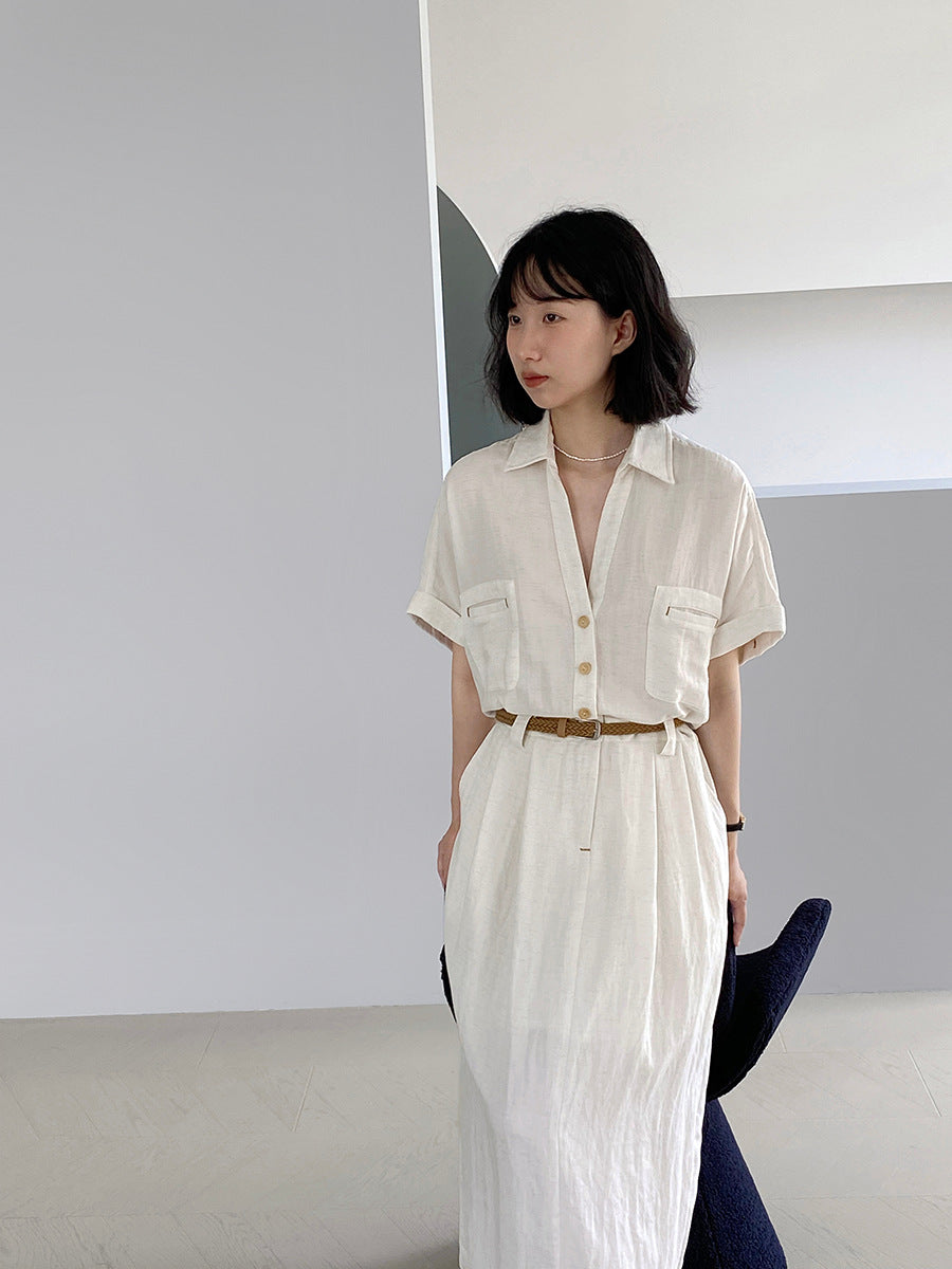 【cimz1606】實拍極簡老錢風☕高級感亞麻短袖洋裝 (附皮帶)260311
