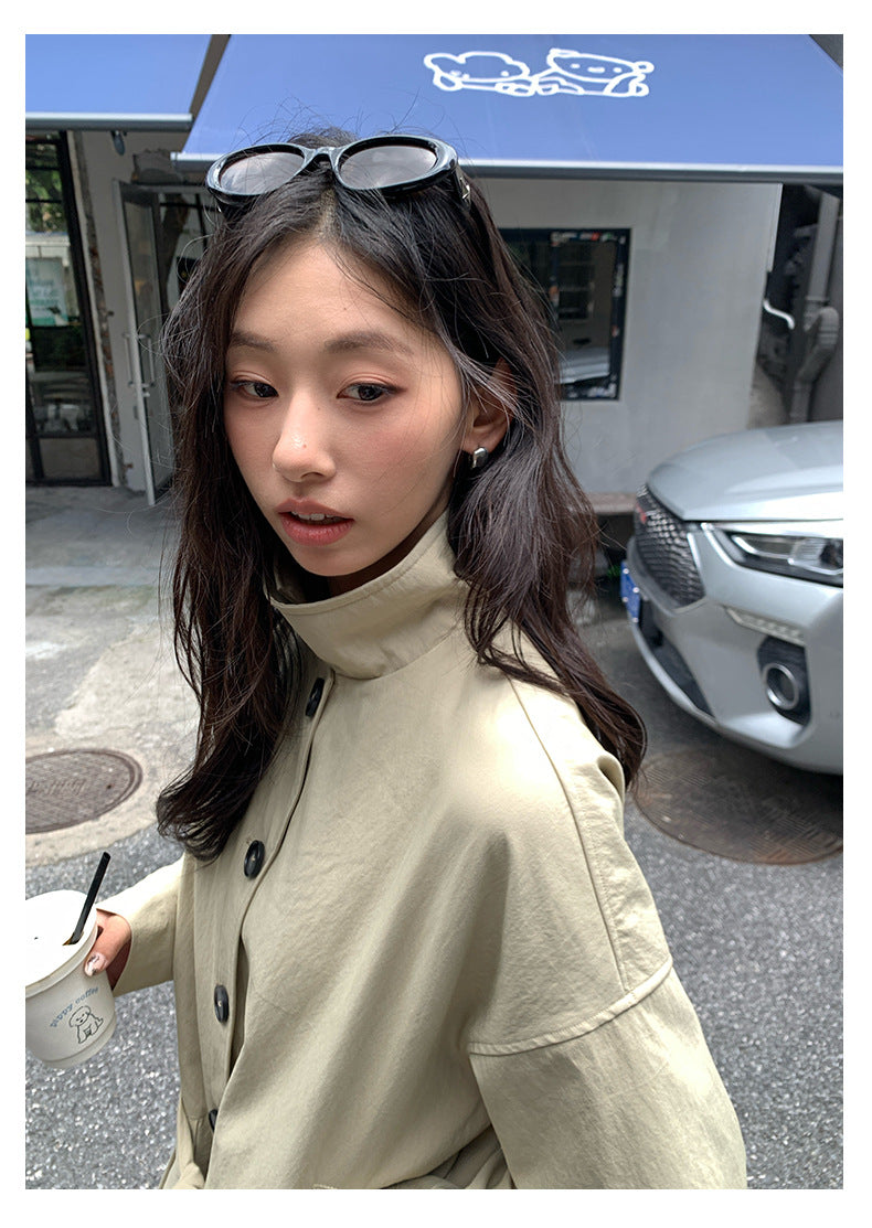 【H5400】實拍韓系慵懶卡其立領收腰風衣外套250902