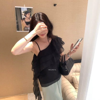 【L10577】法式慵懶微性感💋百搭顯瘦設計感荷葉邊斜肩無袖上衣

260602