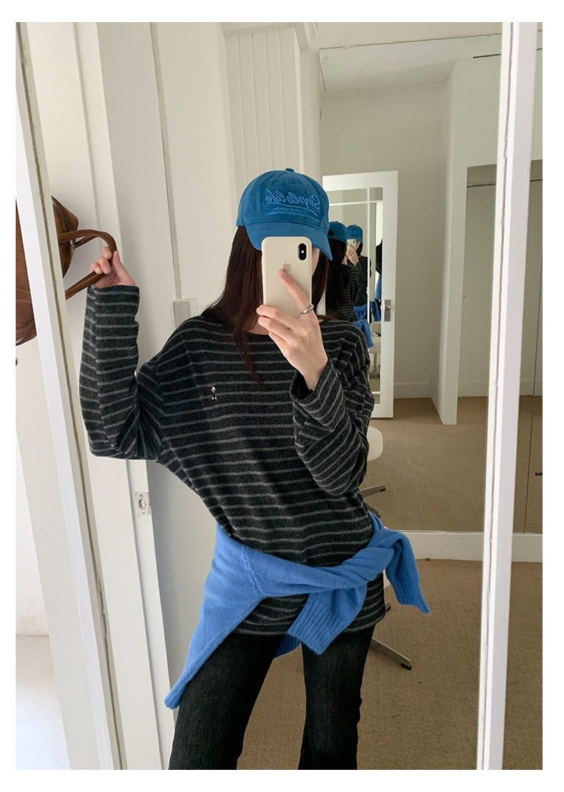 【H572】實拍復古磨毛刺繡條紋圓領T恤251021