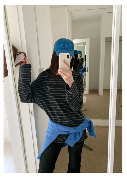 【H572】實拍復古磨毛刺繡條紋圓領T恤251021