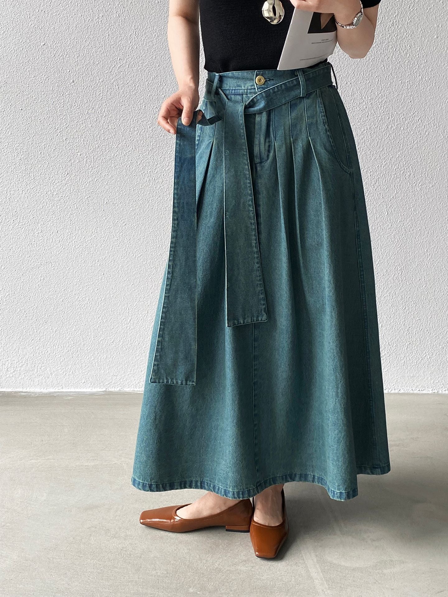 【cimz6517】實拍韓系簡約休閒風✨高腰顯瘦綁帶A字長版牛仔裙260409