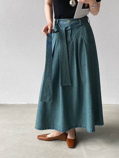 【cimz6517】實拍韓系簡約休閒風✨高腰顯瘦綁帶A字長版牛仔裙260409