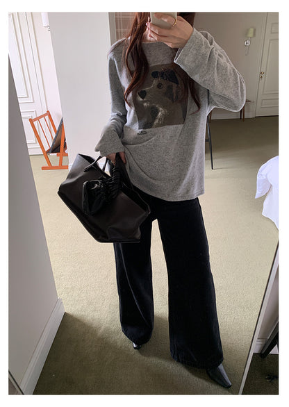 【H5499】實拍 復古磨毛狗狗印花長袖T恤251118