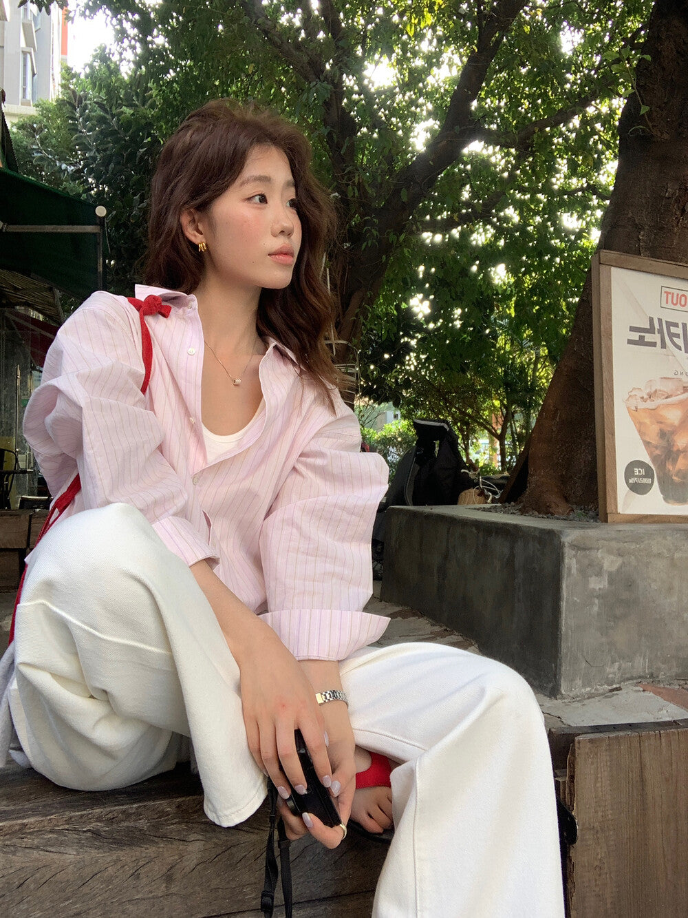 【L10122】韓系粉嫩少女感🌸慵懶風寬鬆顯瘦直條紋長袖襯衫/疊穿上衣260428