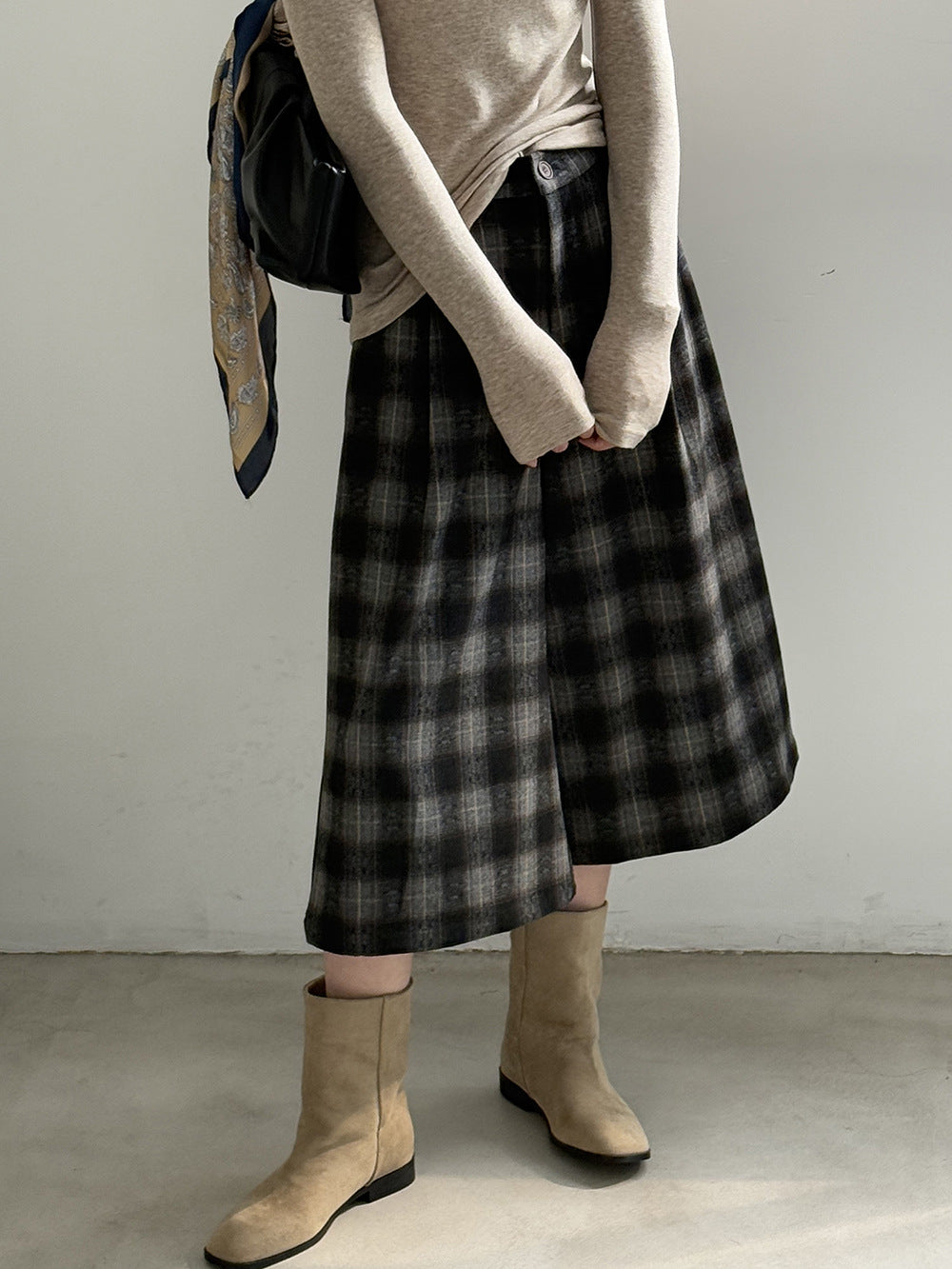 【YG8095】實拍日系復古呢料格紋直筒七分闊腿褲251016