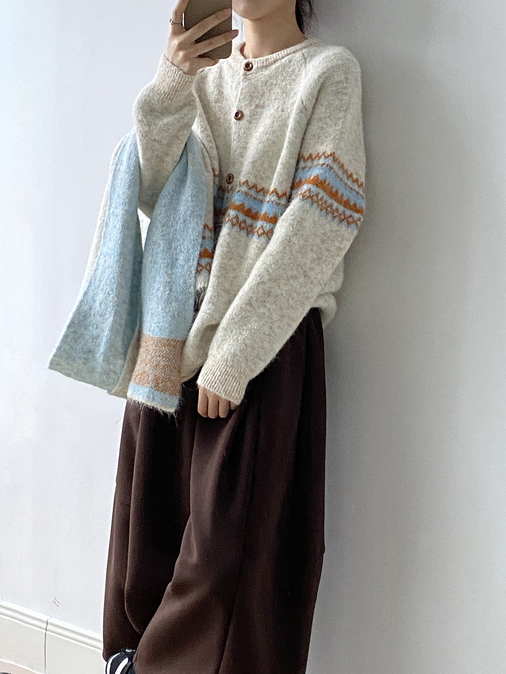 【YP6106】 實拍費爾島提花針織外套＋圍巾(含羊毛3%) 251023