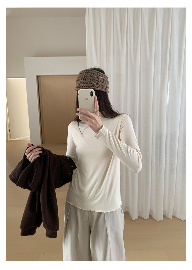 【H568】實拍基礎款木耳邊半高領純色打底衫251021
