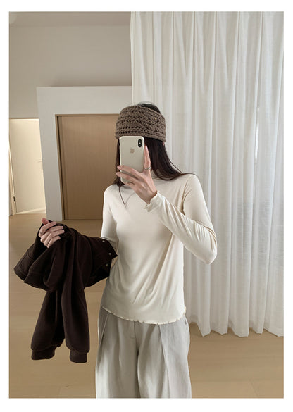 【H568】實拍基礎款木耳邊半高領純色打底衫251021