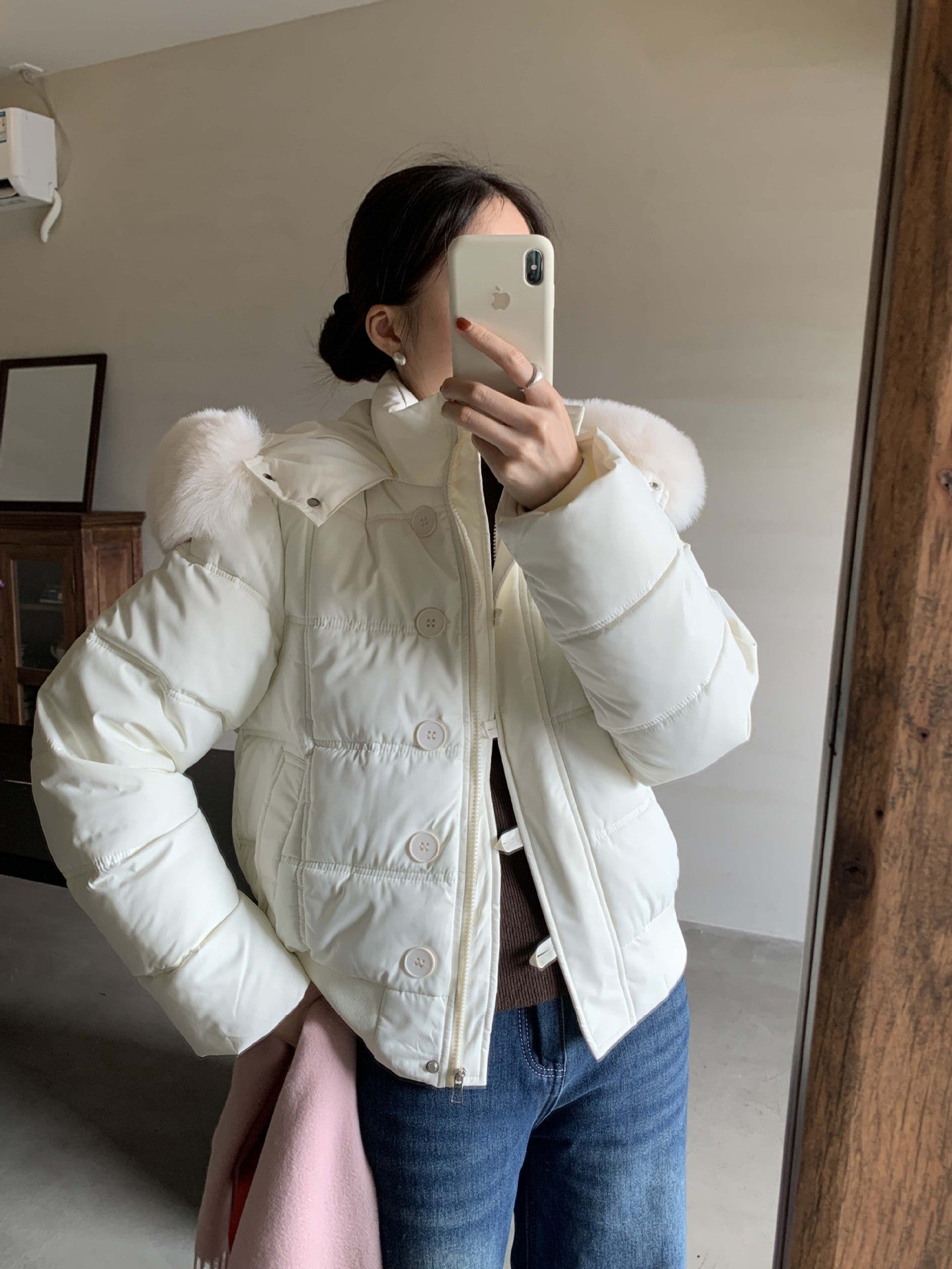 【H5501】實拍奶油風毛領連帽短款加厚棉服251118