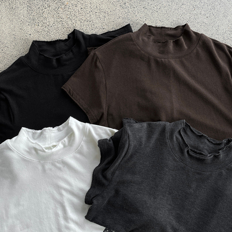 【cimH66207】極簡百搭・正肩半高領毛邊短袖t-shirt 260828