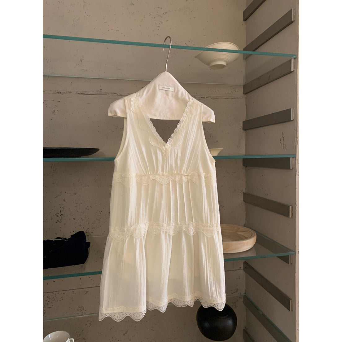 【LR70960】實拍imiss修身顯瘦！氣質蕾絲花邊V領棉麻洋裝260305