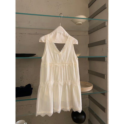 【LR70960】實拍imiss修身顯瘦！氣質蕾絲花邊V領棉麻洋裝260305