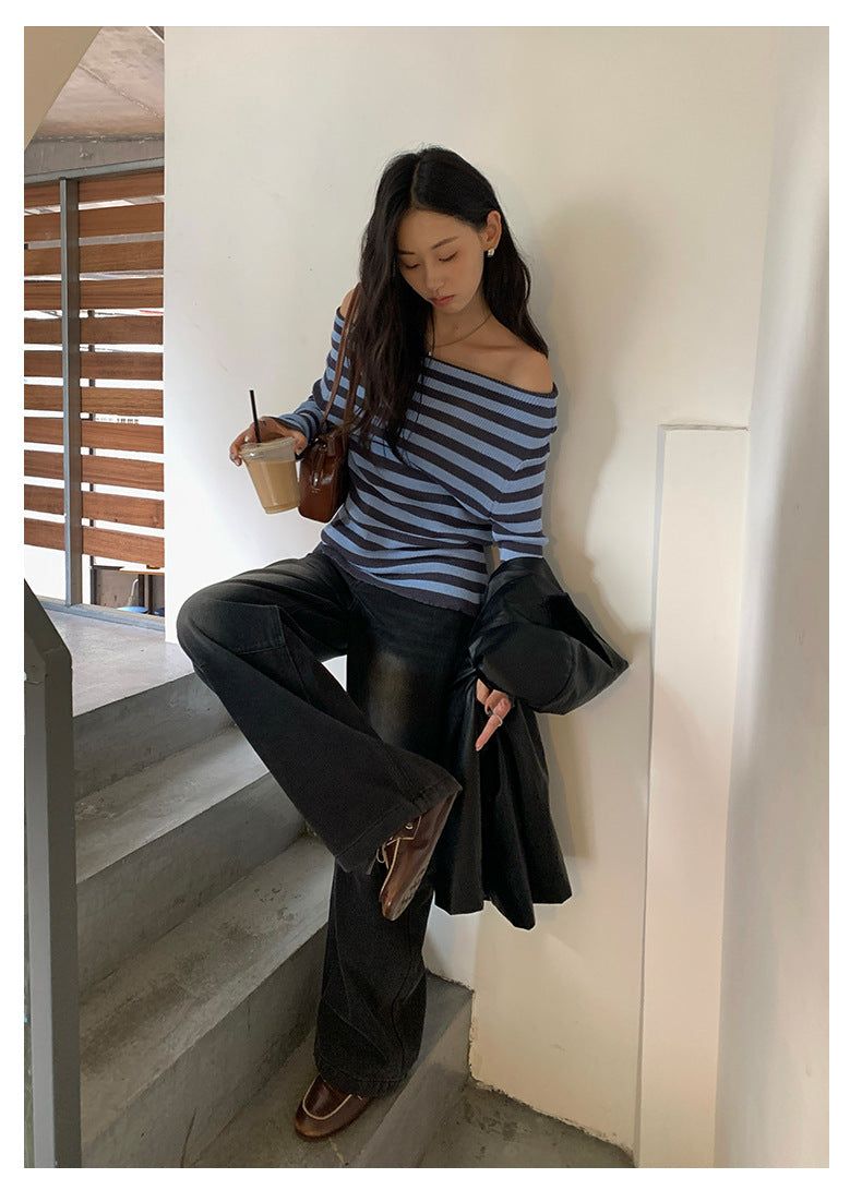 【H5399】實拍韓系簡約氣質一字領露肩針織衫250902