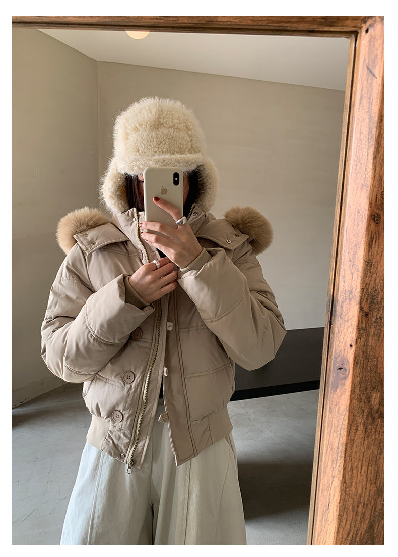 【H5501】實拍奶油風毛領連帽短款加厚棉服251118