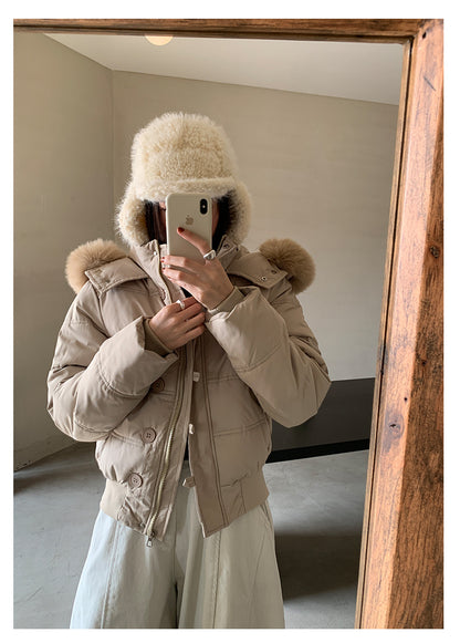 【H5501】實拍奶油風毛領連帽短款加厚棉服251118