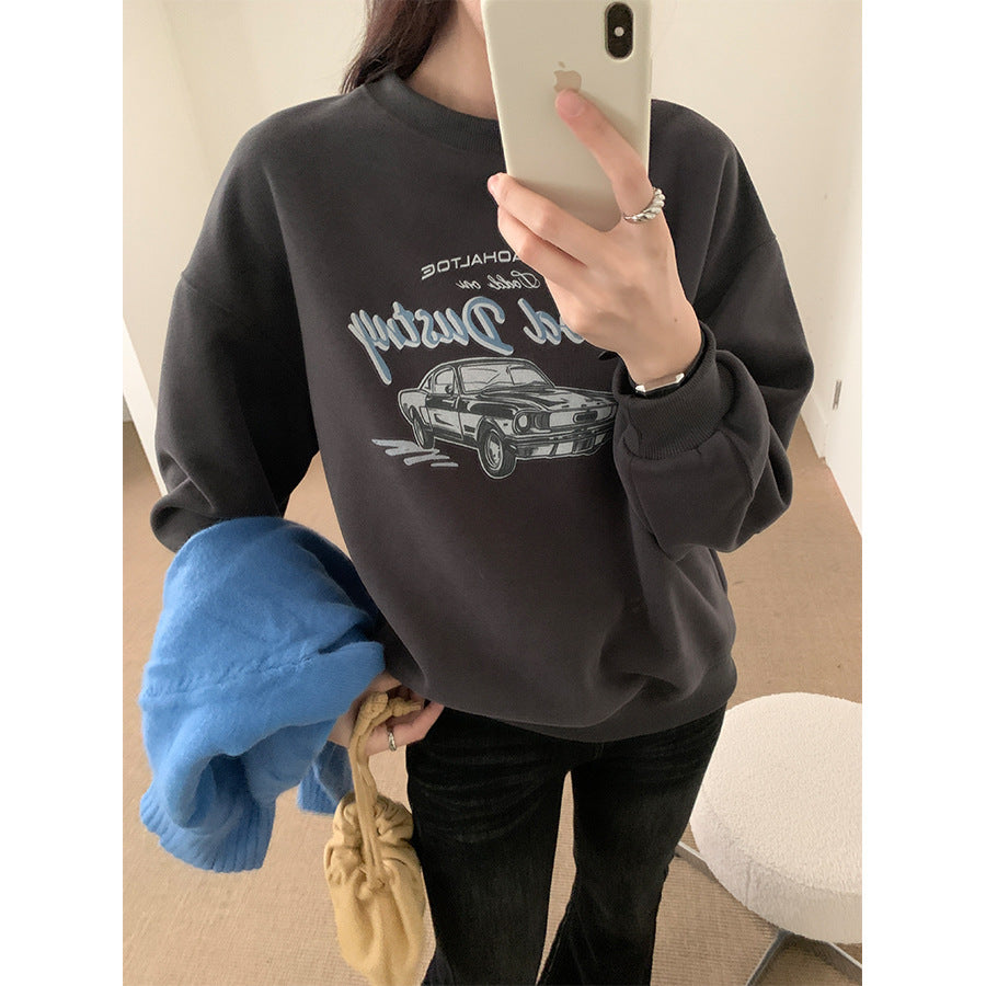【H573】實拍美式汽車印花寬鬆圓領衛衣251021