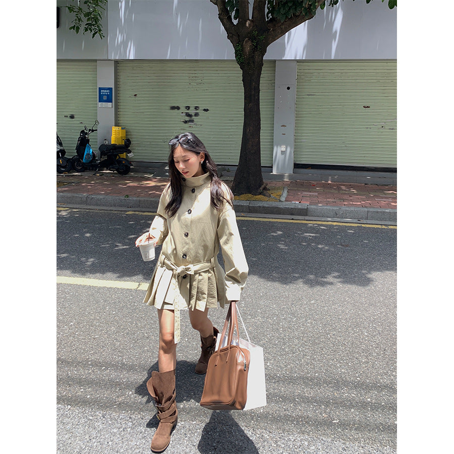 【H5400】實拍韓系慵懶卡其立領收腰風衣外套250902