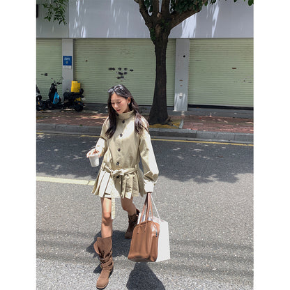 【H5400】實拍韓系慵懶卡其立領收腰風衣外套250902