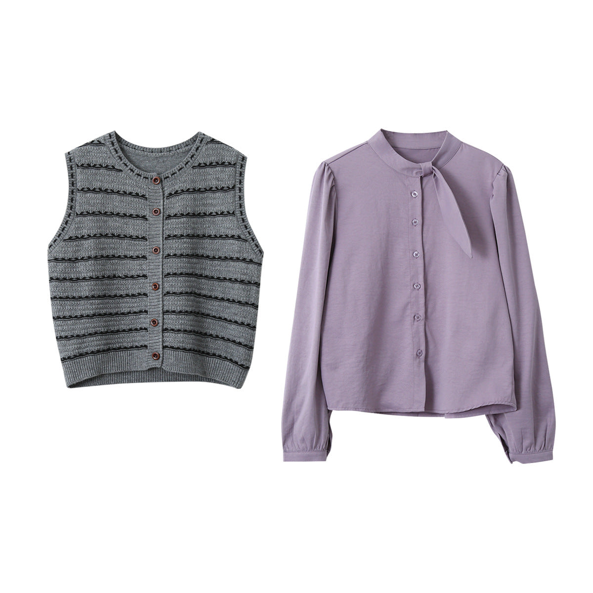 【LD3278】實拍小圓領長袖襯衫+條紋針織背心（分開下單）251103