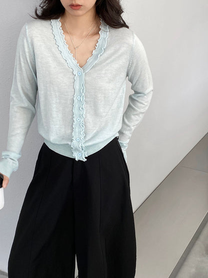 【cimz5643】韓系清新氧氣感🍃寬鬆顯瘦木耳邊V領花邊薄款針織上衣260319