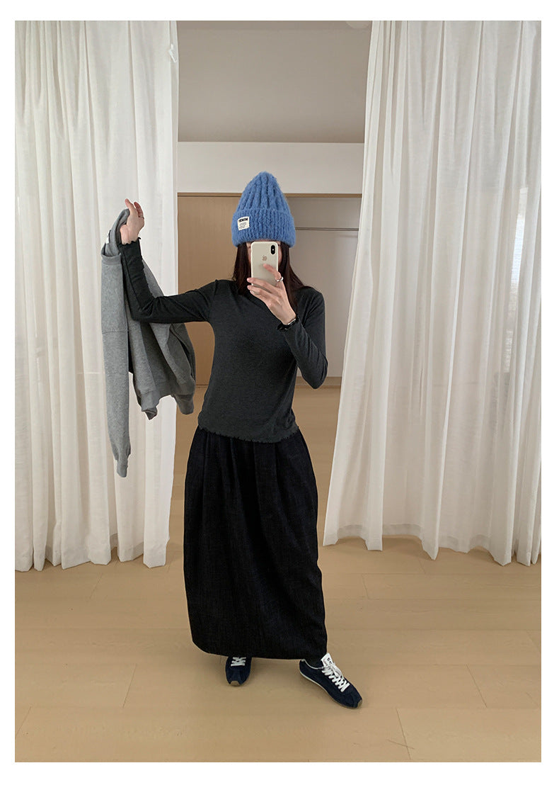 【H568】實拍基礎款木耳邊半高領純色打底衫251021