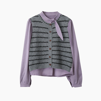 【LD3278】實拍小圓領長袖襯衫+條紋針織背心（分開下單）251103