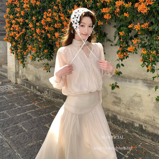 【L26158】實拍浪漫邂逅法式名媛🌹氣質V領飄帶/綁帶長袖雪紡上衣260330