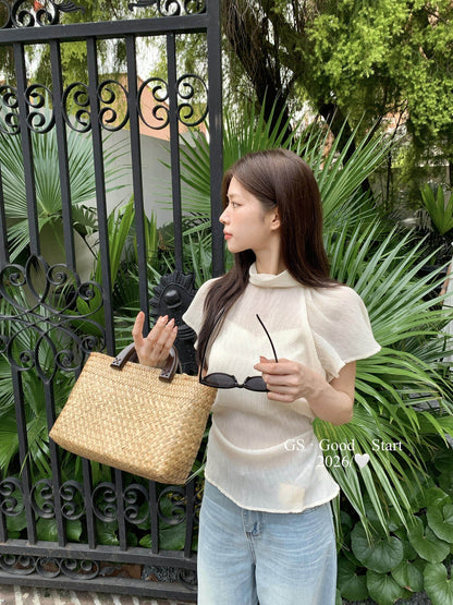 【L123W】法式溫柔氣質🌸設計感飛飛袖收腰立領短袖上衣260518