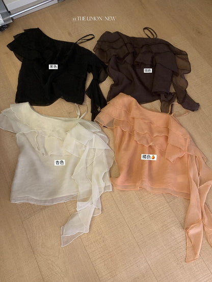 【L10577】法式慵懶微性感💋百搭顯瘦設計感荷葉邊斜肩無袖上衣

260602