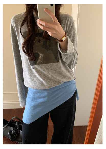 【H5499】實拍 復古磨毛狗狗印花長袖T恤251118