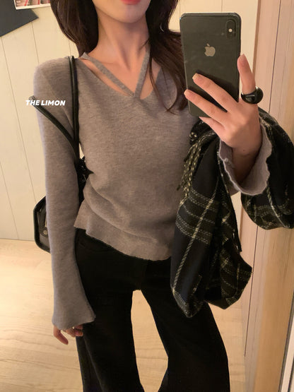 【L8368】實拍檸檬簡約羊毛羊絨喇叭袖長袖針織衫251117