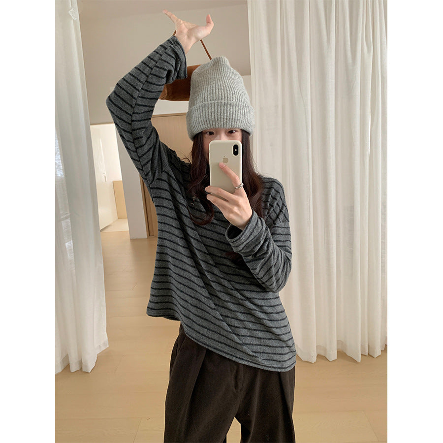 【H572】實拍復古磨毛刺繡條紋圓領T恤251021