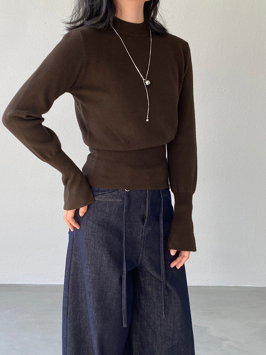 【cimz3012】實拍韓系氣質半高領喇叭袖收腰針織衫251201