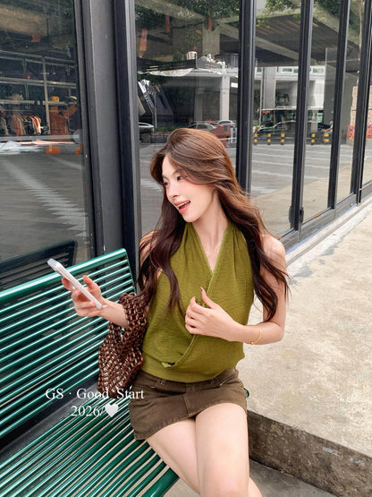 【LN5102E】Y2K時髦辣妹🔥性感蕾絲花邊交叉繞頸無袖上衣260518