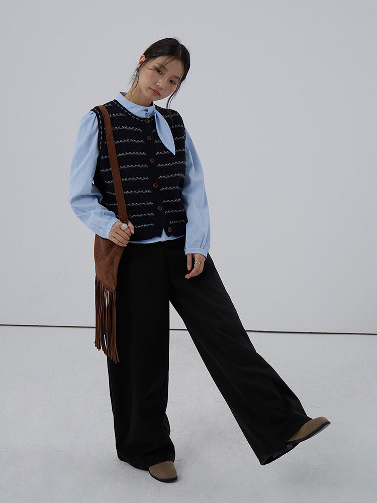 【LD3278】實拍小圓領長袖襯衫+條紋針織背心（分開下單）251103