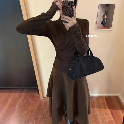 【L9312】檸檬法式簡約交叉羊絨薄绒V領長袖T恤251117