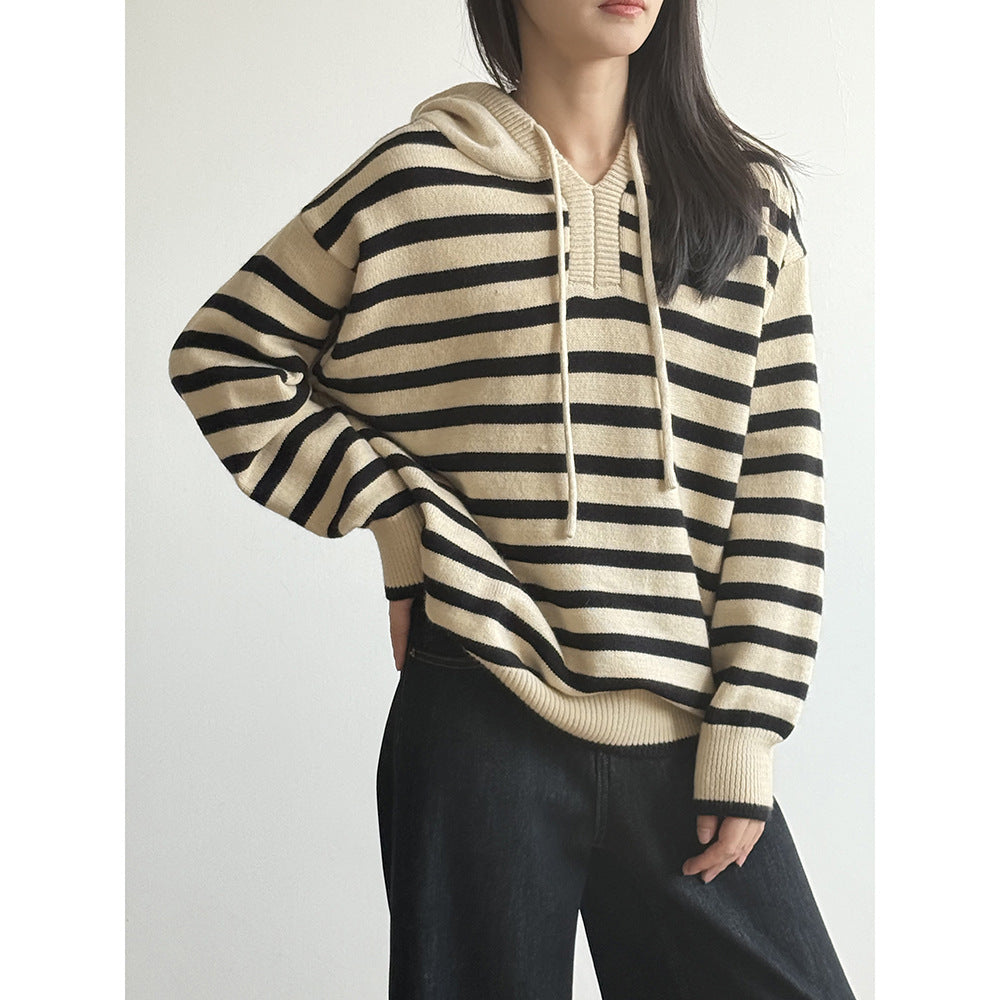 【Y899】實拍冬季條紋針織連帽毛衣251106