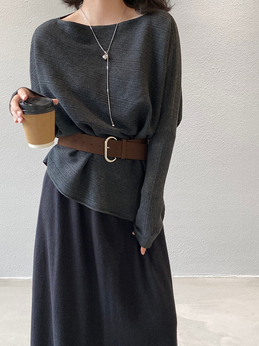 【cim9033】實拍韓系高級感長袖斜肩針織衫＋腰帶251030