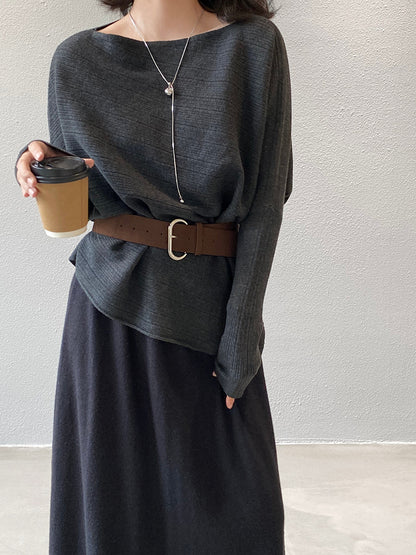 【cim9033】實拍韓系高級感長袖斜肩針織衫＋腰帶251030