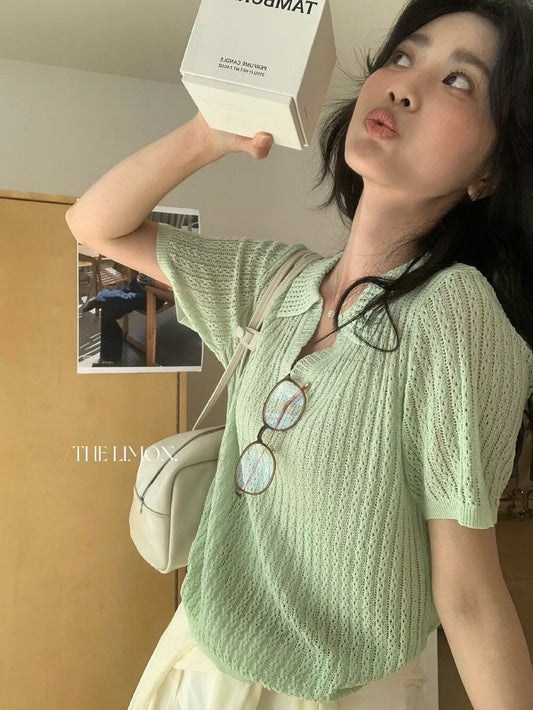 【LSC1088】實拍檸檬極簡高級鬆弛感☕夏日寬鬆顯瘦POLO領短袖針織衫260318
