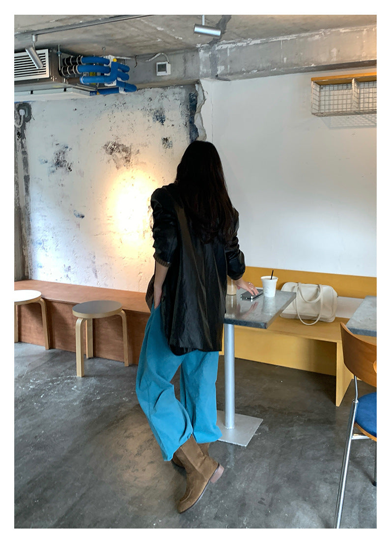 【H5398】實拍韓系高級感黑色皮衣西裝外套250902