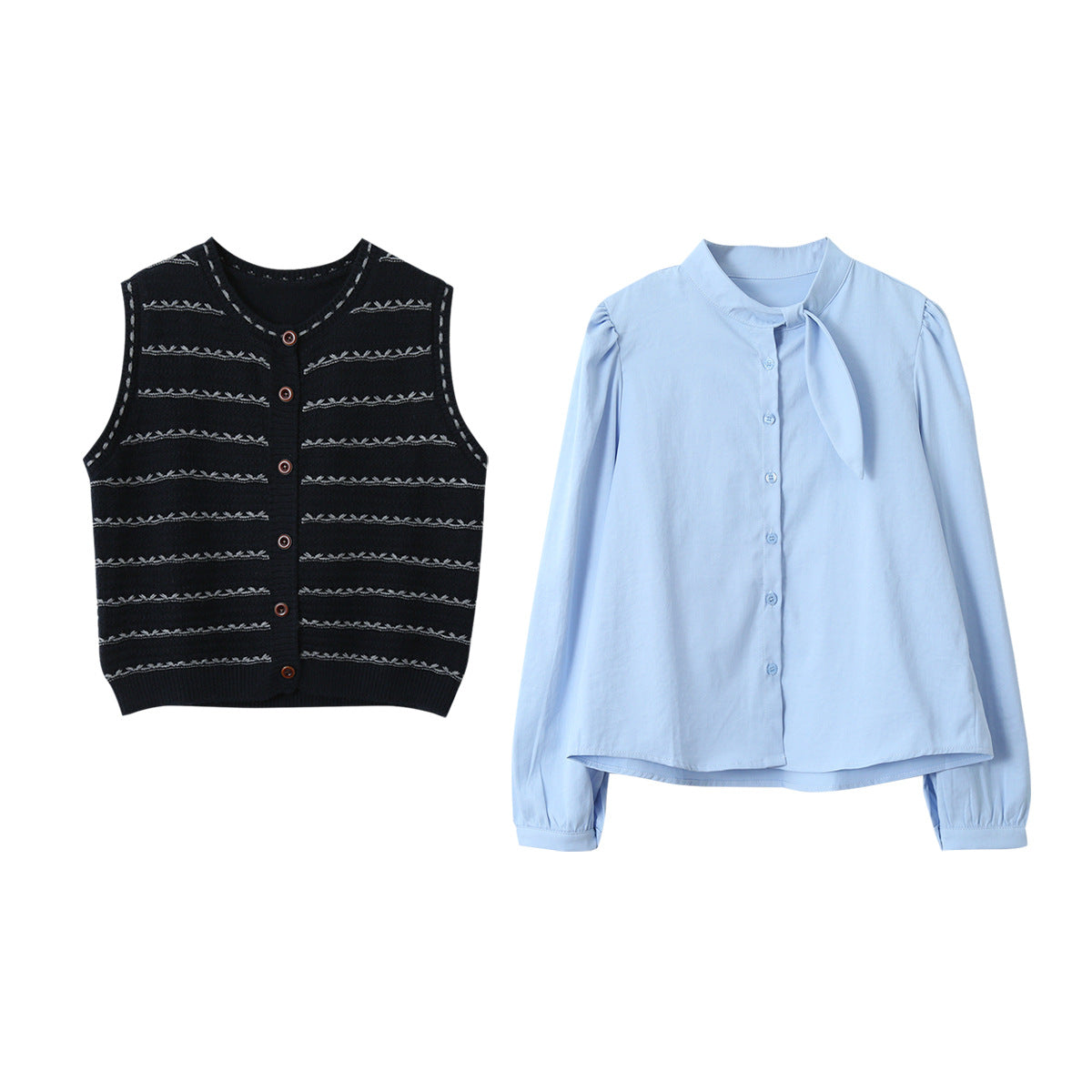 【LD3278】實拍小圓領長袖襯衫+條紋針織背心（分開下單）251103