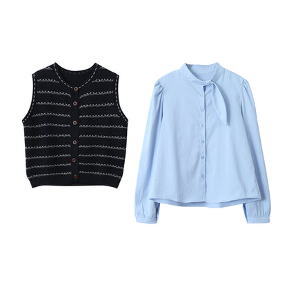 【LD3278】實拍小圓領長袖襯衫+條紋針織背心（分開下單）251103